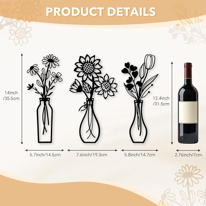 Mcdagogn 3 Pieces Metal Flowers Wall Arts - Rustic Farmhouse Wall Decor, Minimalist Black and White Wall Decor for Living room Bathroom Bedroom Dining Room Kitchen Office - Housewarming Gifts