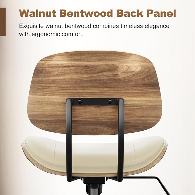 Armless Office Chair with Wheels, PU Leather Adjustable Height Desk Chair - 360° Swivel Ergonomic Computer Chair for Small Space, Modern Walnut Style, Home & Meeting Room, Beige