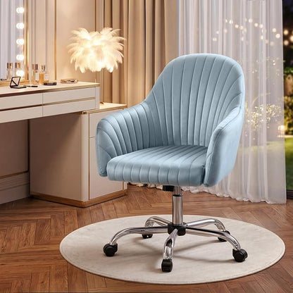 Warmiehomy Velvet Desk Chair for Home Office, Girls' Vanity Chairs with Arm Rest, Office Chair with Wheels, Computer Chair for Room, Velvet Dusk Blue