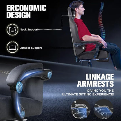 GTPLAYER Big and Tall Gaming Chair 400lbs Heavy Duty Office Chair with Foot Rest, High Back Pocket Spring Ergonomic Computer Chair for Adults, Wide Comfy Seated Cushion with Linkage Armrests, Grey