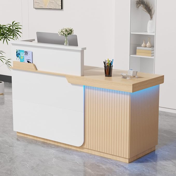 Kikihouse Modern Reception Desk with LED, 63” Fluted Front Desk with Lockable Drawer, Cabinet and Sliding Tray, Large Reception Counter Table for Office Lobby Nail Salon Clinic (Maple)