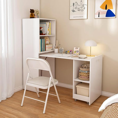 KEIKI Home Office Stretchable Desks with Storage Shelves and Mobile Wheels, Modern Wood Foldable Desk Gaming Computer Corner Table for Apartments Work, Study, Writing, White