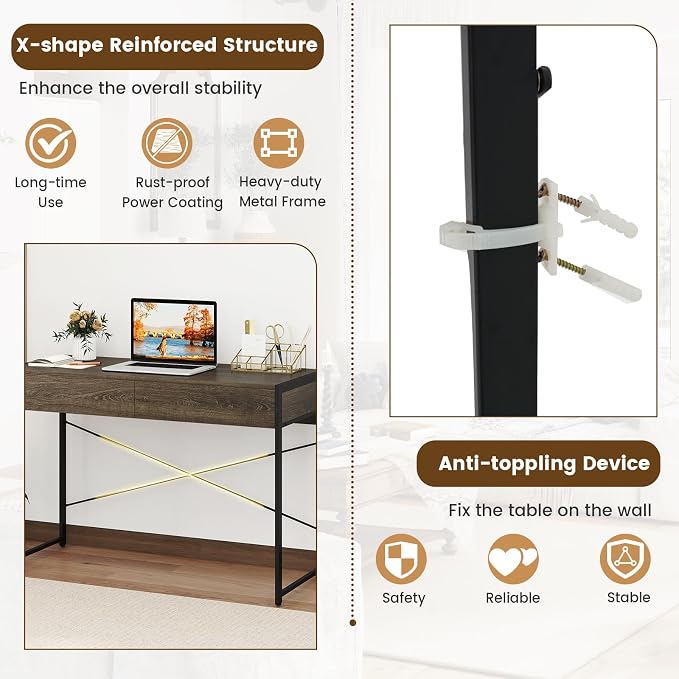 GOFLAME 44 Inch Computer Desk with 2 Drawers, Home Office Desk with Metal Frame, Small Study Writing Workstation with Storage, PC Laptop Table for Living Room, Bedroom, Study, Grey