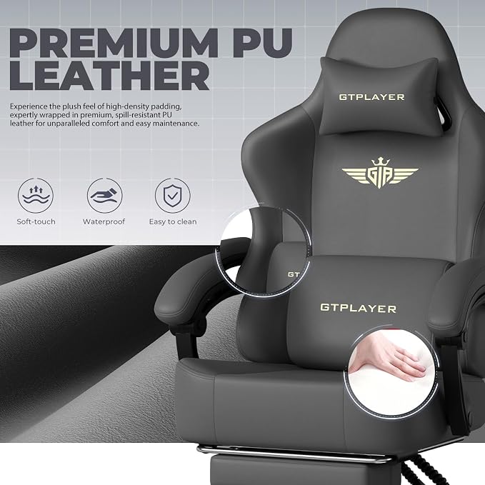 GTPLAYER Big and Tall Gaming Chair 400lbs Heavy Duty Office Chair with Footrest, High Back Pocket Spring Ergonomic Computer Chair for Adults, Wide Seated Cushion with Linkage Armrests, Leather Grey