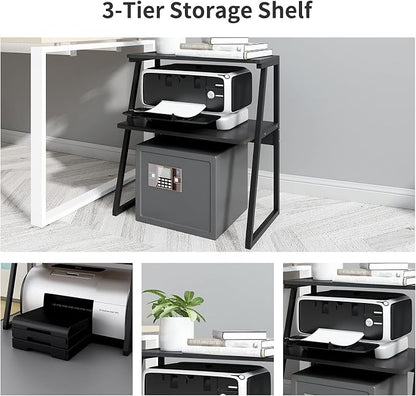PUNCIA 3 Tier Wood Desktop Printer Stand Large Capacity Storage Rack | Black Heavy Duty Shelf Fits Laser Printers Copiers Fax Machines Books Organizer for Home Office Dorm Room