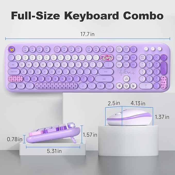 MOFII Wireless Keyboard and Mouse Combo, Full-Size Retro Typewriter-Style Wireless Keyboard with Optical Mouse for Computer/Laptop/Windows/Mac (Purple Mixed)