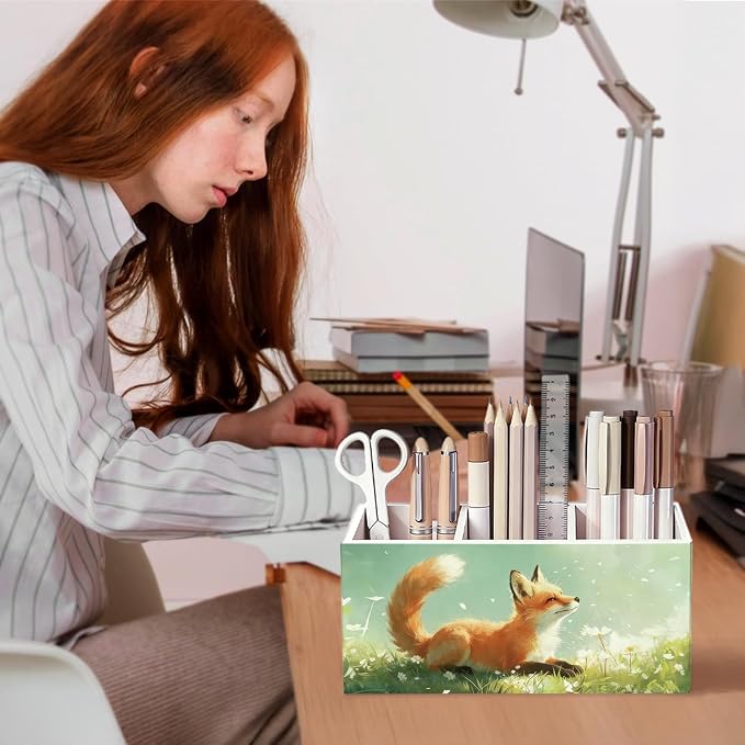 Fox Pen Pencil Holder for Desk, Fox Gifts for Women Men, Animal Lovers Gifts, Rustic Wildflower Wild Animal Wooden Box Sign Decorations for Kids Room Bedroom Home Office Desk Tabletop