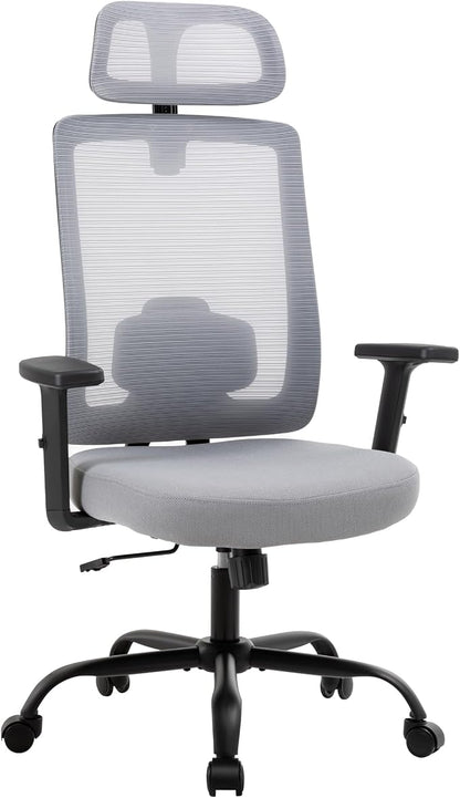 Ergonomic Office Chair, Office Desk Chair with High Back Mesh and Adjustable Lumbar Support, Rolling Work Chairs with Wheels and Adjustable Headrests, Wide Cushion, Grey
