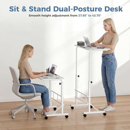 DUMOS 31.5" Walking Pad Desk, Portable Adjustable Height Rolling Laptop Desk with Lockable Wheels, Mobile Stand Up Computer Workstation for Treadmill Home Office White