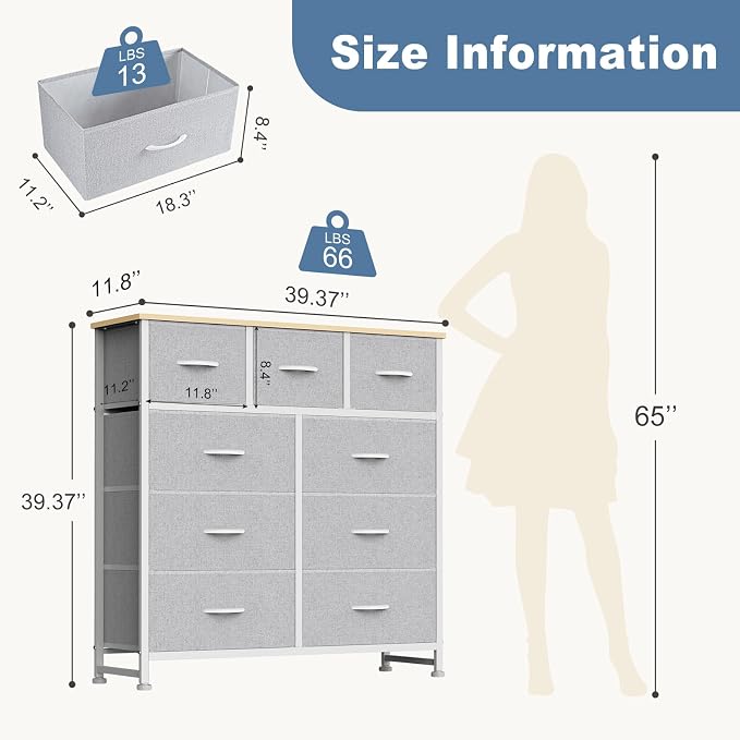 DUMOS 9 Drawer Dresser for Bedroom, Fabric Storage Organizer with Sturdy Metal Frame, Wooden Top Chest of Drawers for Closet Entryway Guest Room,Light Grey