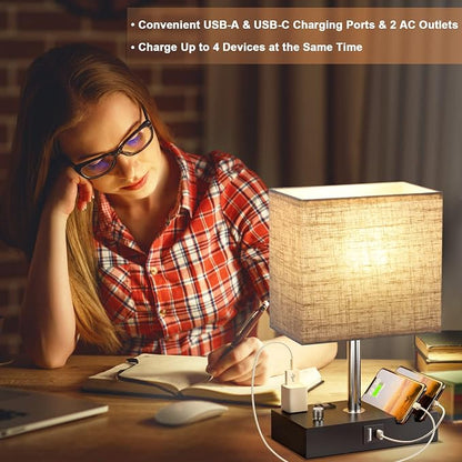 Kakanuo Table Lamp for Bedroom with Dual USB Ports, Beige Fully Dimmable Bedside Lamp with Phone Stands and 2 Charging Outlets, Desk Lamp for Nightstand and Living Room, LED Bulb Included