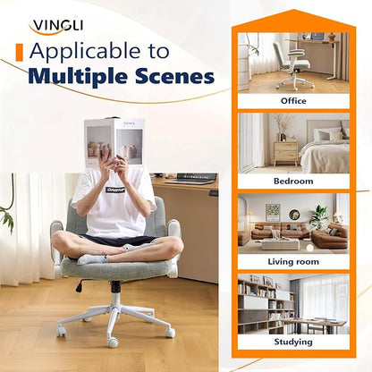 VINGLI Criss Cross Chair with Adjustable Flip-Up Arms,Cross Legged Chair with Wheels, Extra Wide Office Chair,Cozy Desk Chair for Home Office, Vanity, Apartment,Chenille Velvet,Light Blue-Green