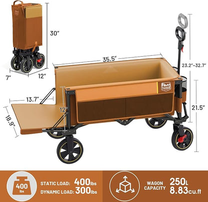 Timber Ridge 49" Extra Long Collapsible Folding Wagon with Tailgate and Brakes, 300lbs Heavy Duty Foldable Wagon with Adjustable Handle, 250L Capacity Portable Cart for Outdoor Camping Sports, Orange