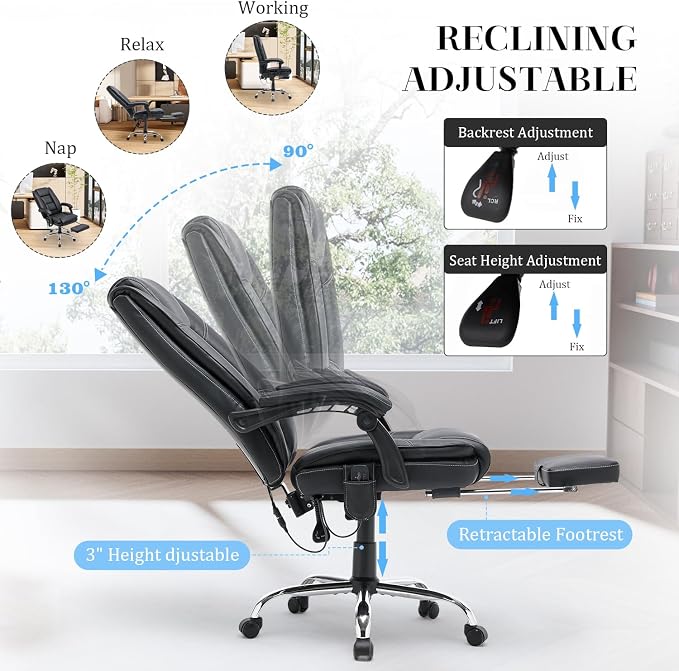 HOMREST 4-Point Massage Executive Office Chair with Footrest,Heated Reclining Chair with Lumbar Back Support,Ergonomic Desk Chair with Armrest, Computer Desk Chair for Home Office(Black)