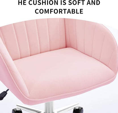 YITAI Velvet Office Desk Armchairs with Silver Base and Wheels,Modern Height Adjustable 360 Degree Swivel Upholstered Vanity Chairs for Living/Room Bedroom/Study,Pink