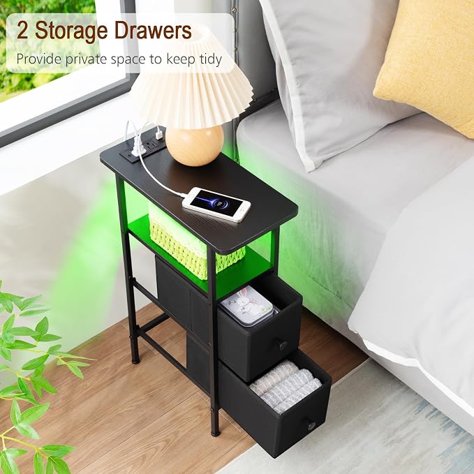 LOAKEKEL Narrow Nightstand with Charging Station, End Tables Living Room Set of 2, Skinny Side Table with Fabric Drawers, Small Sofa Table with LED Light for Bedroom, Black, HETNDP02LBK