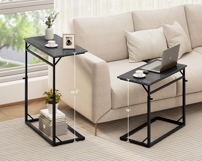 Vagusicc C Shaped End Table for Couch, 33.5''Tall C-Table End Table Adjustable Height Side Tables, Large Surface Sofa Tables TV Tray, Slide Under Couch Tables for Sofa, Living Room,Bedroom,Gray Walnut