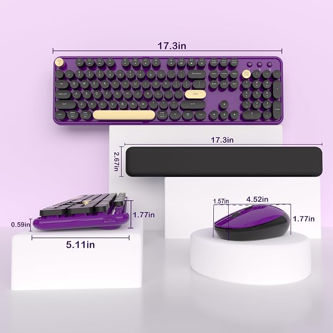 Links9+ Retro Wireless Keyboard and Mouse Combo, 104-Key Full-Size Floating Round Keycaps, 2.4G Plug & Play, USB & Type-C Ready, Ergonomic Set for Mac, Laptop, PC, Windows (Purple-Black)