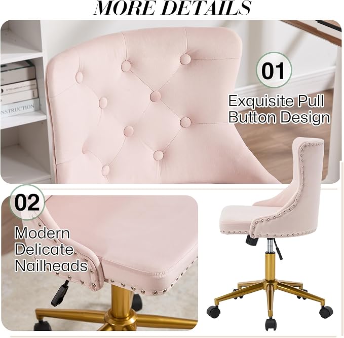 Velvet Armless Home Office Desk Chair, Swivel Height-Adjustable Small Cute Vanity Chair for Women/Girls, Comfy Makeup Chair with Rivet and Gold Base for Living Room, Bedroom(Light Pink)