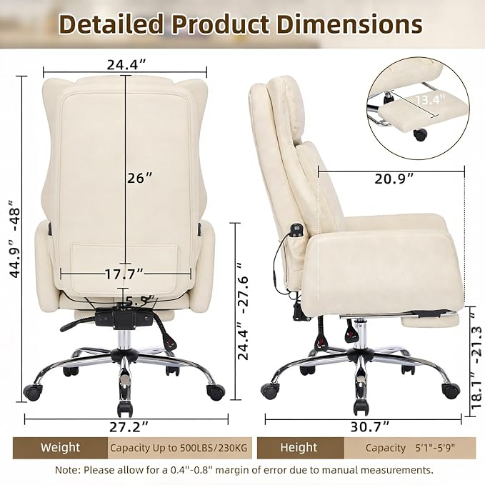 DYHOME Executive Office Chair Cross Legged Sitting with Massage and Footrest Heavy Duty Desk Chair,Swivel Ergonomic Chairs with Lumbar Support Wheels Flip-up Arms Height,Leather Beige
