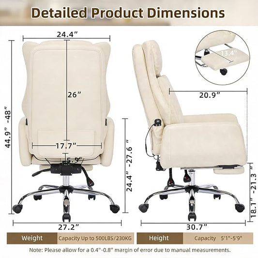DYHOME Executive Office Chair Cross Legged Sitting with Massage and Footrest Heavy Duty Desk Chair,Swivel Ergonomic Chairs with Lumbar Support Wheels Flip-up Arms Height,Leather Beige