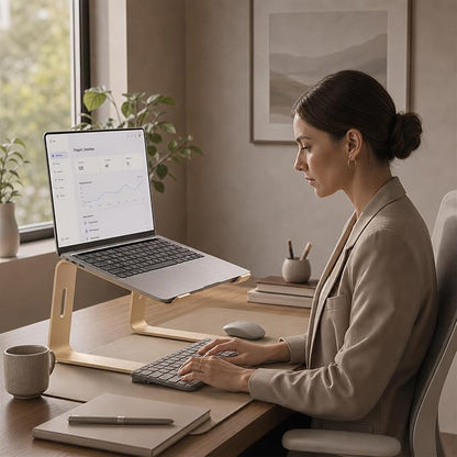 Orionstar Ergonomic Laptop Stand, Premium 5mm Aluminum Riser for 10-15.6 Inch Notebook Computer, Tool-Free Detachable Elevator Holder for Desk Office, Sturdy Riser for Eye-Level Neck Relief (Gold)