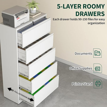 5 Drawer Lateral File Cabinet with Lock, File Cabinets for Home Office Legal/Letter A4 Size, File Cabinet Storage Cabinet, Require Assembly, White