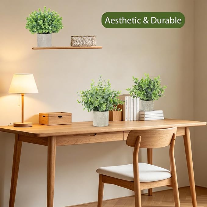 CCILAND 3 Pack Small Potted Fake Plants, Artificial Eucalyptus Plants, Lifelike Faux Frost-Hung Plants Topiaries for Home Office Shelf Desk Living Room Greenery Decor