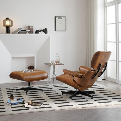 Mid Century Chaise Lounge Chair with Ottoman, Luxury Oil-Waxed Leather Reading Chair, Modern Chair Classic Design, Heavy Duty Base Support for Living Room Study Lounge Office Walnut Light Brown