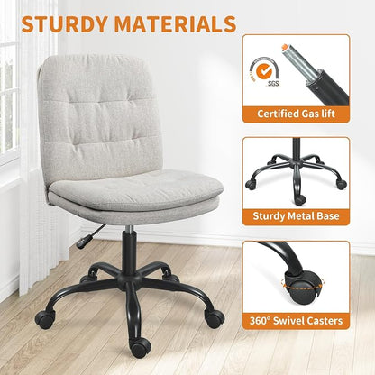 Home Office Desk Chair Comfy - Armless Criss Cross Chair with Wheels Vanity Chair Office Chairs Rolling Swivel Height Adjustable for Adults - Beige