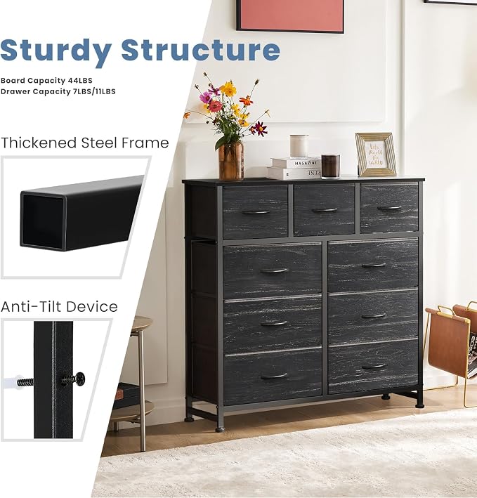 DUMOS 9 Drawer Dresser for Bedroom, Fabric Storage Organizer with Sturdy Metal Frame, Wooden Top Chest of Drawers for Closet Entryway Guest Room,Black Wood