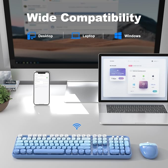 MOFII Wireless Keyboard Mouse Combo, Typewriter Full Size Keyboard with Number Pad and 2 in 1 USB Connected Mouse for PC Computer Laptop Desktop Windows (Blue Colorful)