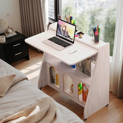 Pmnianhua Farmhouse Portable Desk on Wheels,Mobile Workstation,Rolling Computer Desk with Wheels and Storage for Home Office Small Space(White)