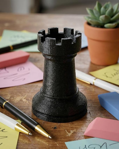 Chess Rook Pen Holder, 3D Printed Chess Piece Desk Organizer for Home Office Decor, Black (Black)