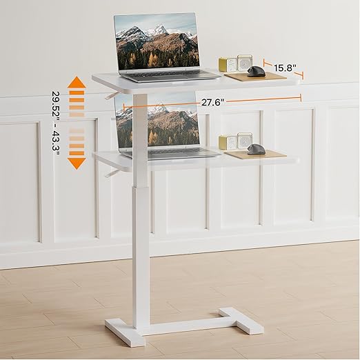 Overbed Bedside Table with Hidden Casters, Adjustable Pneumatic Mobile Laptop Computer Standing Desk, Rolling Laptop Table, Movable Overbed Table Hospital Home Use, White