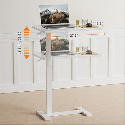 Overbed Bedside Table with Hidden Casters, Adjustable Pneumatic Mobile Laptop Computer Standing Desk, Rolling Laptop Table, Movable Overbed Table Hospital Home Use, White