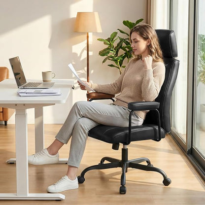 Furniliving Leather Office Chair with Adjustable Headrest, Mid-Century Modern High-Back Office Desk Chair, Ergonomic Computer Chair with Wheels, Armrests, Lumbar Support, Black