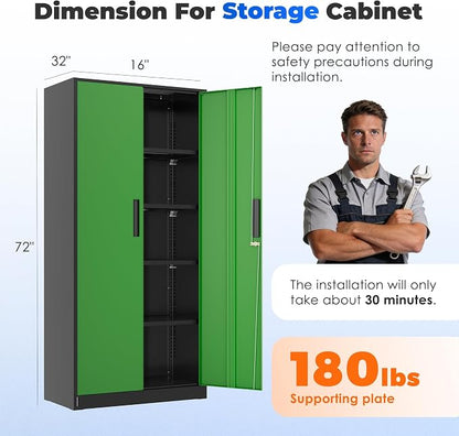 INTERGREAT Storage Cabinet with Doors and Shelves, Metal Garage Storage Cabinets with Lock, Black Lockable Steel Supply Cabinet for Home Office, Warehouse (Black Green)