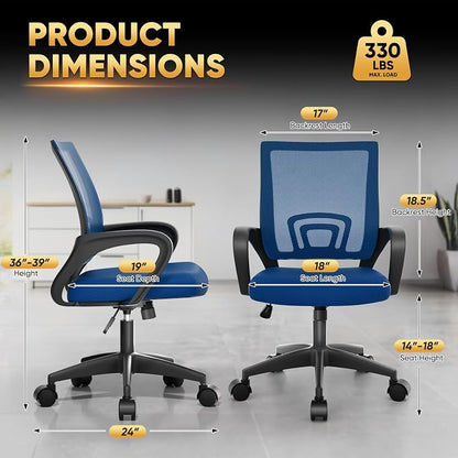 Magshion Ergonomic Office Chair 10 Pack, Mid-Back Mesh Desk Chair, Adjustable Swivel Computer Chair with Lumbar Support & Breathable Backrest for Gaming, Work, Study, 300 Lbs Capacity, Navy Blue