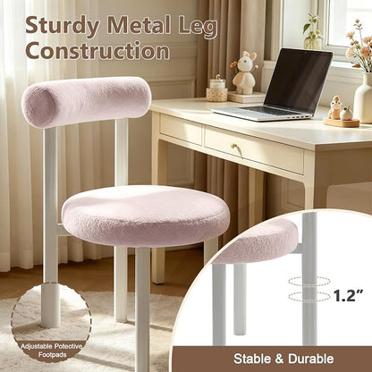 Cute Small Armless Desk Chair, Ergonomic Comfy Vanity Chairs Lumbar Support with Back for Makeup, Teddy Fabric Computer Desk Chair for Home, Bedroom, Vanity, Teens, Adults