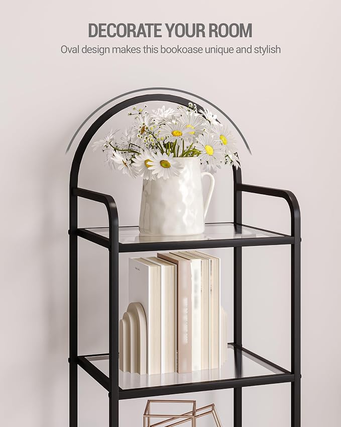 Hzuaneri Bookcase Bookshelf, Tempered Glass Bookshelves, Slim Shelving Unit for Bedroom, Bathroom, Home Office, Steel Frame, 6 Tier Black BC10601B