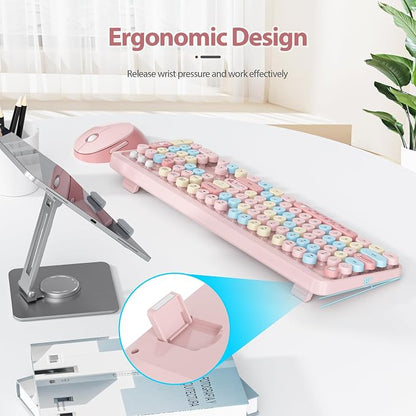 Wireless Keyboard and Mouse Set, Retro Typewriter, 2.4GHz Full Size 104-Key Cute Keyboard with Number Pad, Colorful Keyboard with Round Keycaps for Windows PC Laptop(Strawberry)