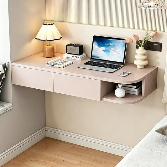 Corner Floating Desk with Drawer, Wall Mounted Desk with Open Shelving, Floating Makeup Vanity with Storage, Scratch-Resistant, Space Saving, for Bedroom Living Room Small Spaces Apartment