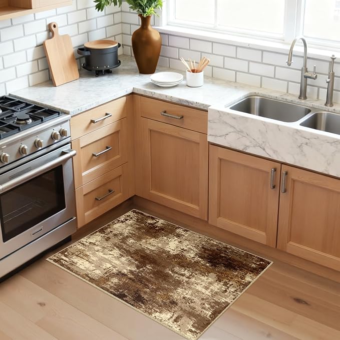 RELEANY Washable Area Rugs 2'x3' Non-Slip Modern Abstract Soft for Living Room Entryway Bedroom Kitchen, Print Pattern, Brown Tan Beige Coffee