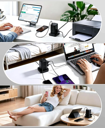 Power Strip Tower with Surge Protector 1800J, Fast Charging Tower PD20W USB-C Ports with 8 AC Outlets, 10ft Extension Cord for Home Office Dorm Room, Black