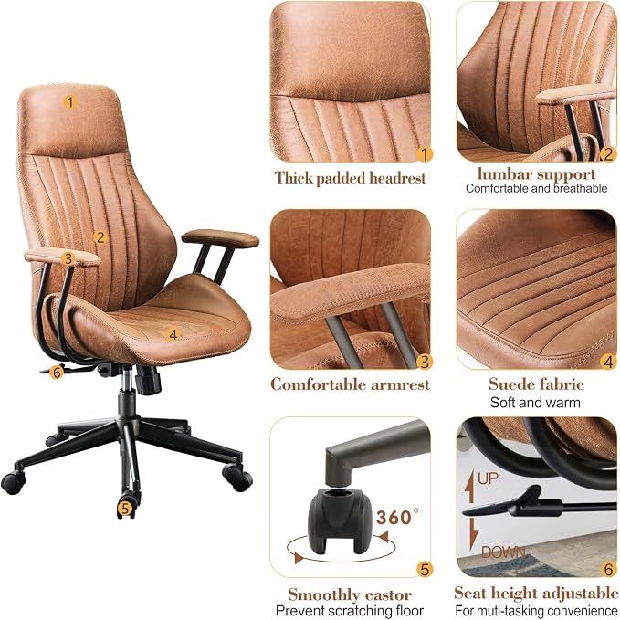 ovios Executive Ergonomic Office Chair, High Back Comfy Faux Suede Leather Computer Chairs, Mid-Century Modern Swivel Rolling Task Armchair, Brown