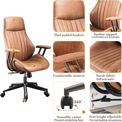 ovios Executive Ergonomic Office Chair, High Back Comfy Faux Suede Leather Computer Chairs, Mid-Century Modern Swivel Rolling Task Armchair, Brown