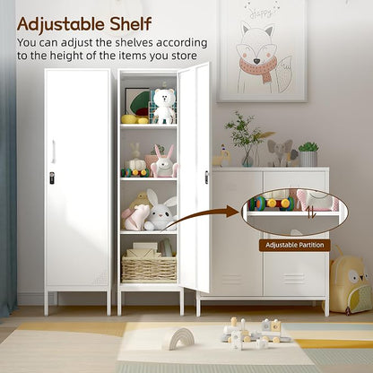 Metal Storage Cabinet 59" H Locker Storage Cabinet with Door and Adjustable Shelves for Home Office School Gym Garage Pantry (White)