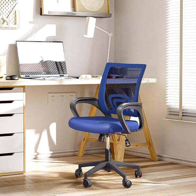 Office Chair, Ergonomic Mid-Back Mesh Desk Chair with Lumbar Support, Adjustable Height Computer Chair with Rolling Wheels Design,Comfy Armrest for Work, Study, Gaming, Navy Blue