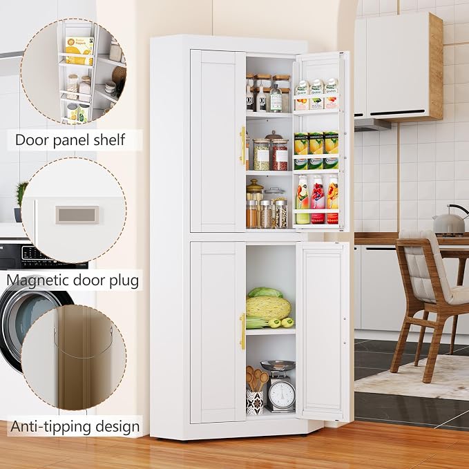 GAIOUS 63" Tall Metal Corner Kitchen Pantry Cabinet, Steel Storage Cabinets with 4 Doors and 3 Shelves, Kitchen Food Cabinets with 6 Door Panel Shelves, Farmhouse Cupboard for Kitchen Dining, White
